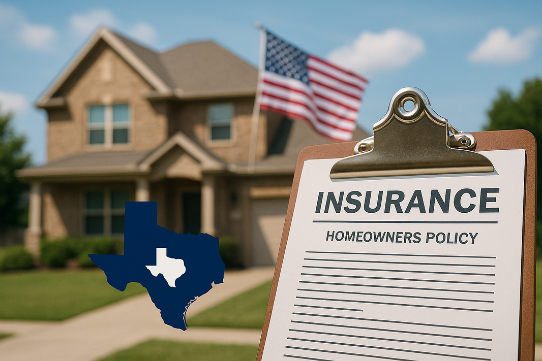 Clipboard with a homeowners insurance policy in front of a Texas home and American flag.