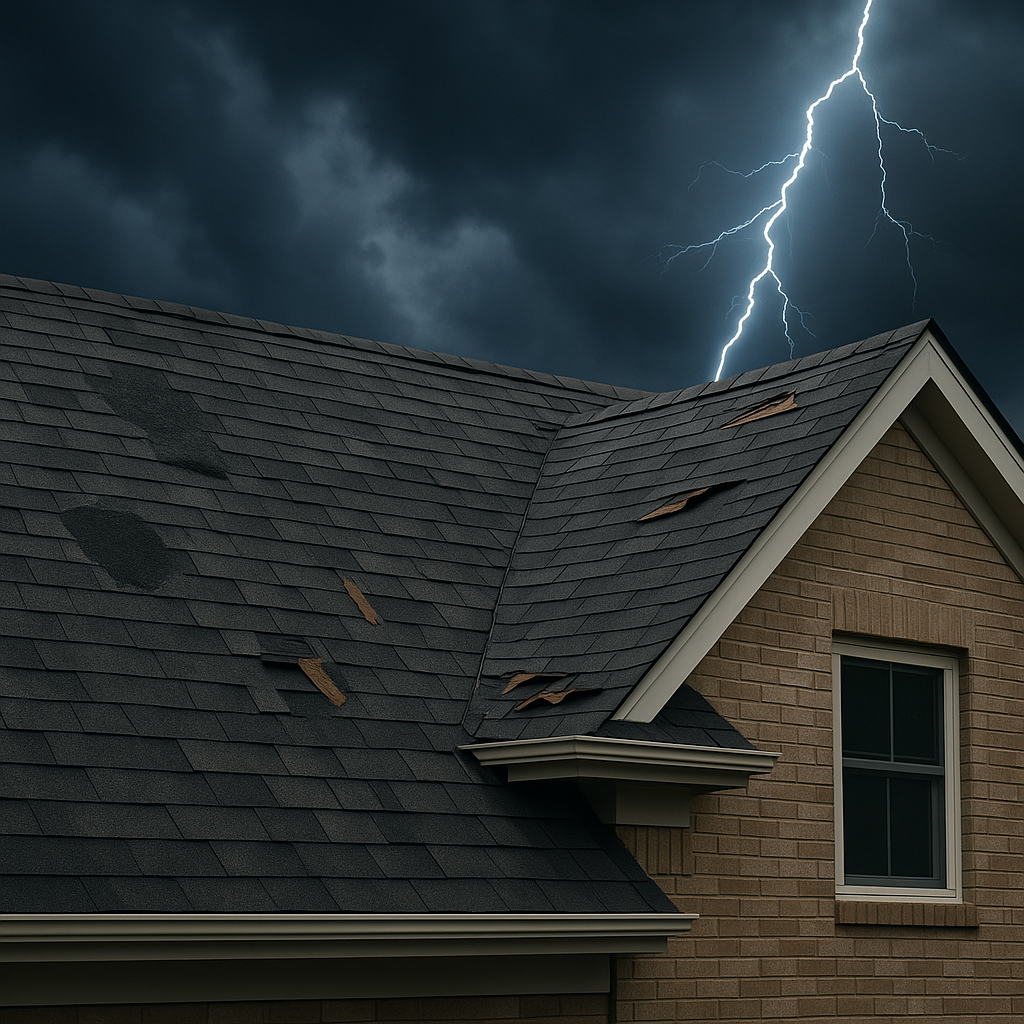 Residential roof with visible storm damage under dark clouds and lightning.
