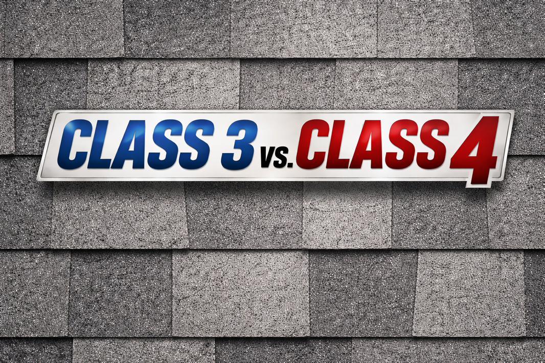 Asphalt shingle roof background with Class 3 vs Class 4 impact rating comparison.
