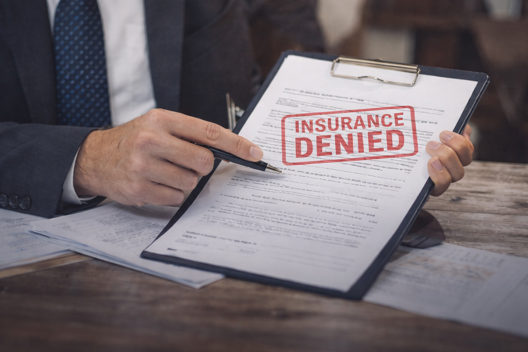 Homeowner reviewing insurance claim document marked denied.