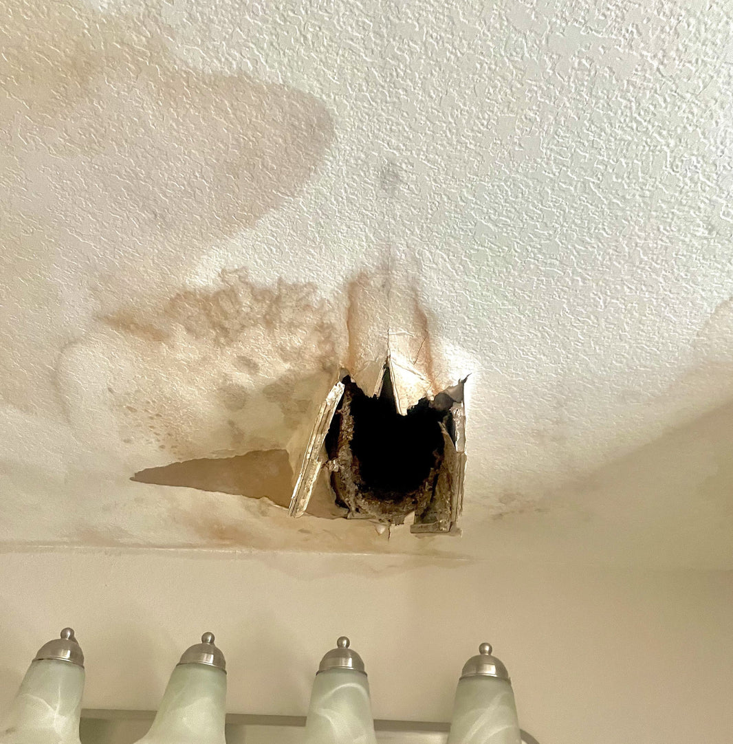 Water damage visible on a ceiling with a hole and staining from a roof leak.