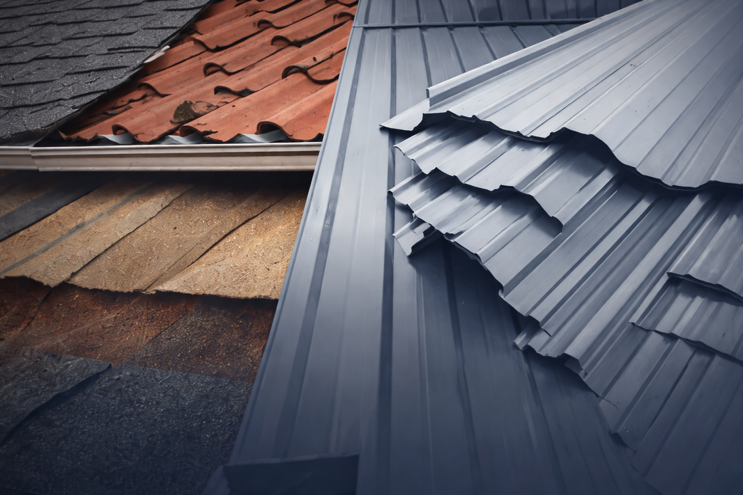 Comparison of roofing materials including asphalt shingles, clay tiles, wood shakes, and standing seam metal roofing