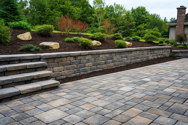 Stone paver patio and retaining wall with landscaped garden in a residential outdoor living space.