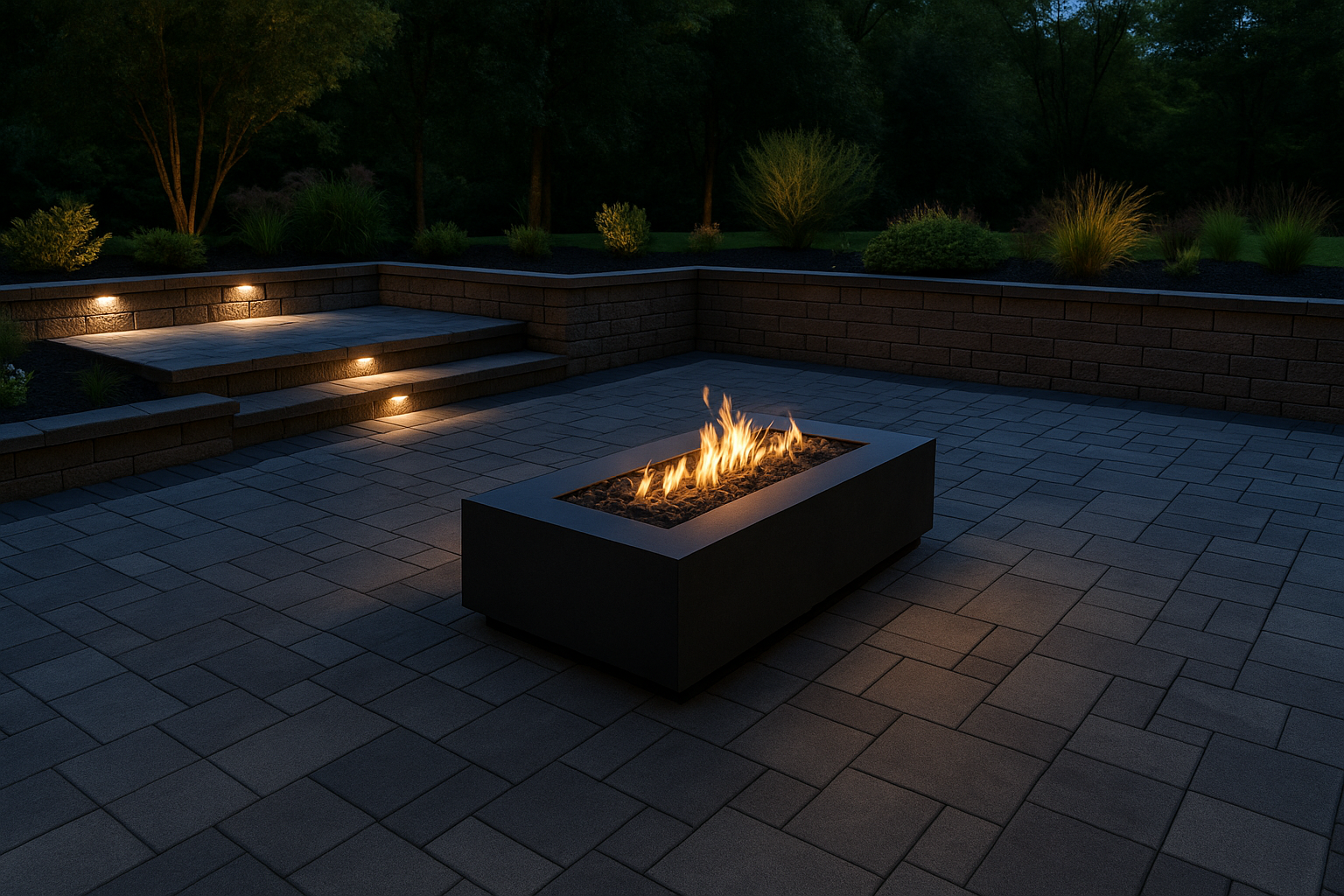 Modern backyard patio with built-in fire pit and stone seating walls illuminated at night.