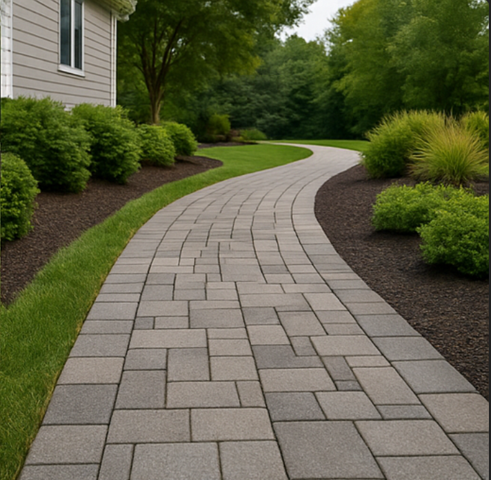 Curved concrete paver path bordered by grass and shrubs in a landscaped outdoor space.