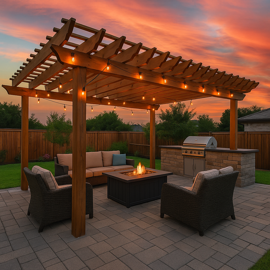 Custom backyard patio in Houston featuring a wooden pergola, outdoor seating, and fire pit built by Prime Property Builders.