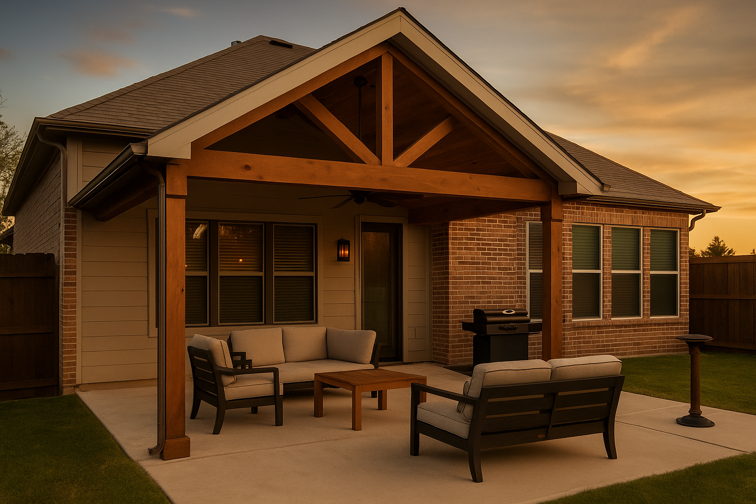 Covered backyard patio with seating area and wood pergola attached to a brick home