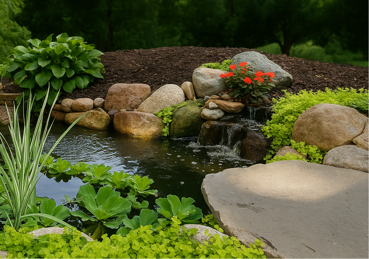 Backyard water feature with natural stone pathway, plants, and decorative landscaping.