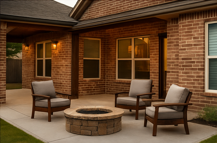 Backyard patio with a circular brick fire pit and cushioned chairs outside a brick home.