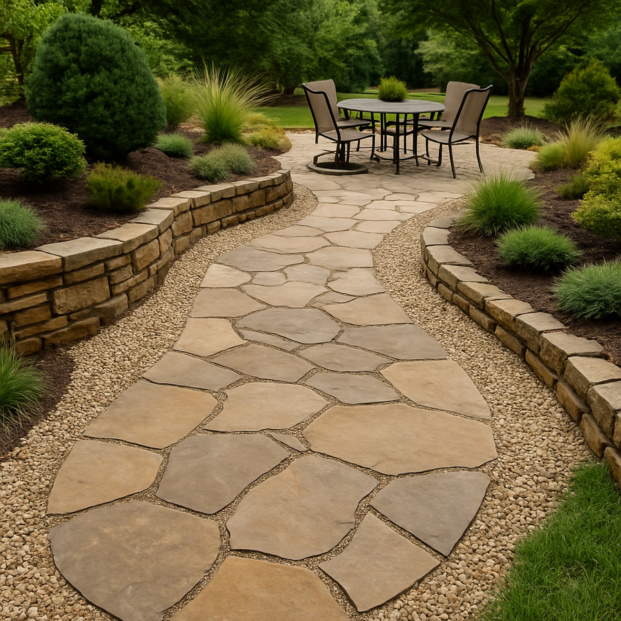 Flagstone walkway leading to a backyard patio with outdoor seating and landscaped garden beds in a residential yard.