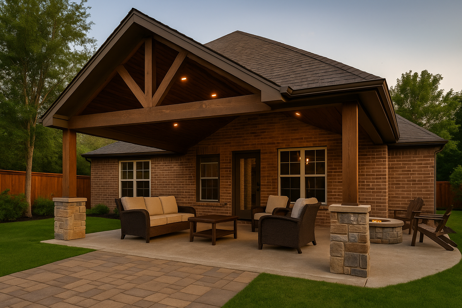 Covered outdoor patio with seating, stone columns, and a paver walkway beside a brick house at dusk.