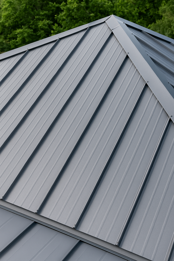Angled view of metal roofing panels installed on a residential roof.