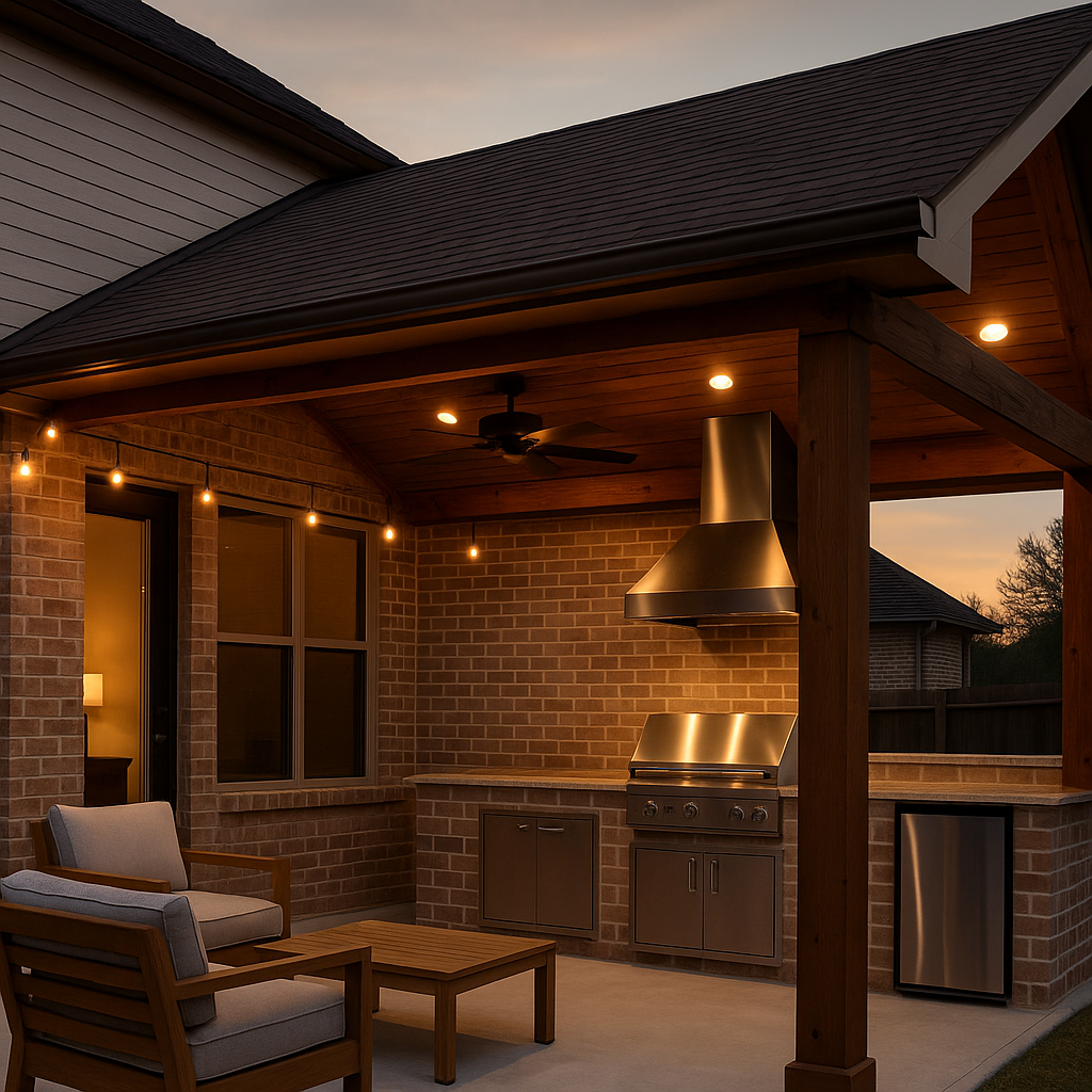Covered patio with outdoor kitchen, ceiling fan, and built-in lighting at a residential home.