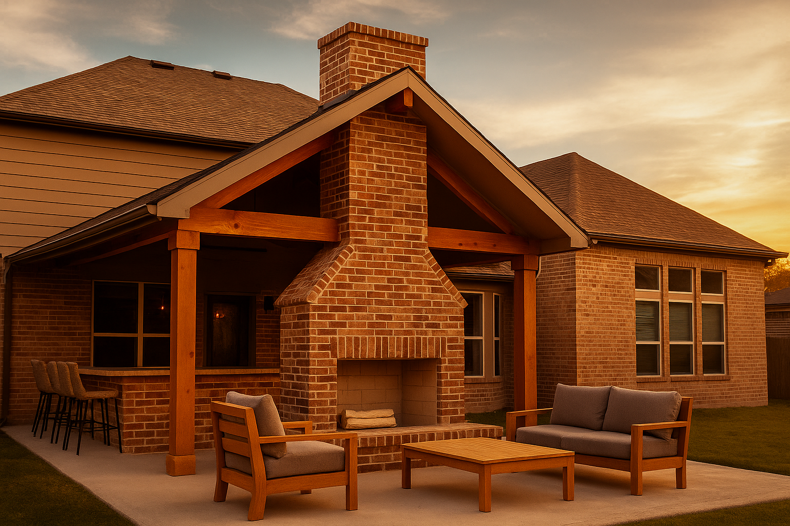 Backyard patio area featuring a brick outdoor fireplace, wood beams, and modern outdoor seating.