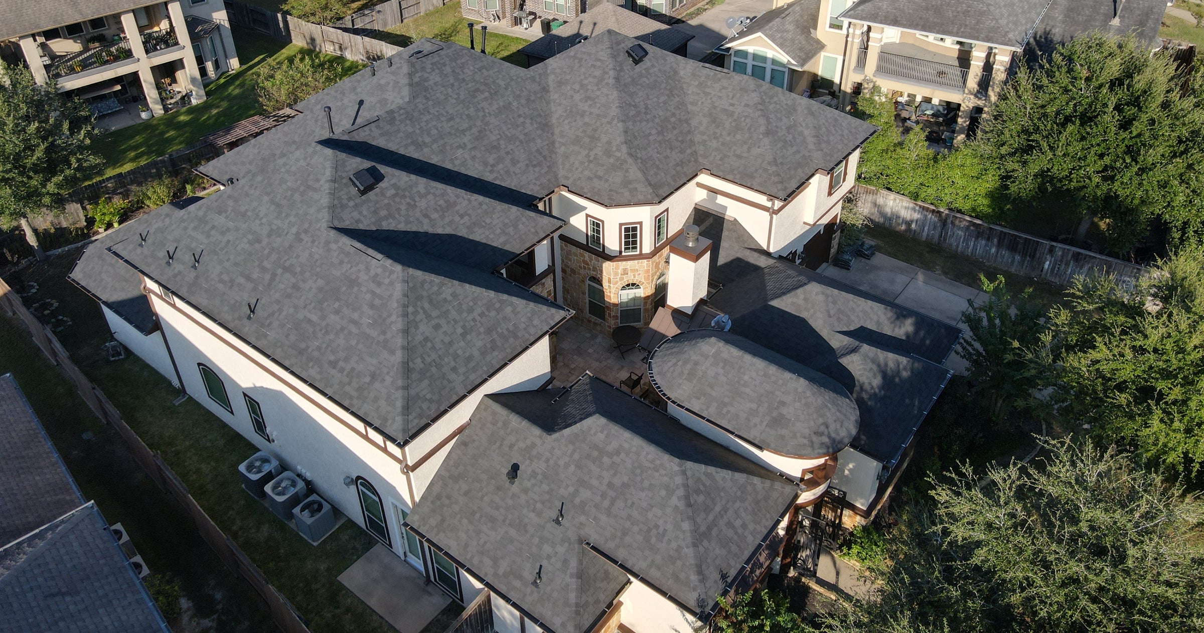 Aerial view of a roof built and completed by PPB Roofs & Restoration