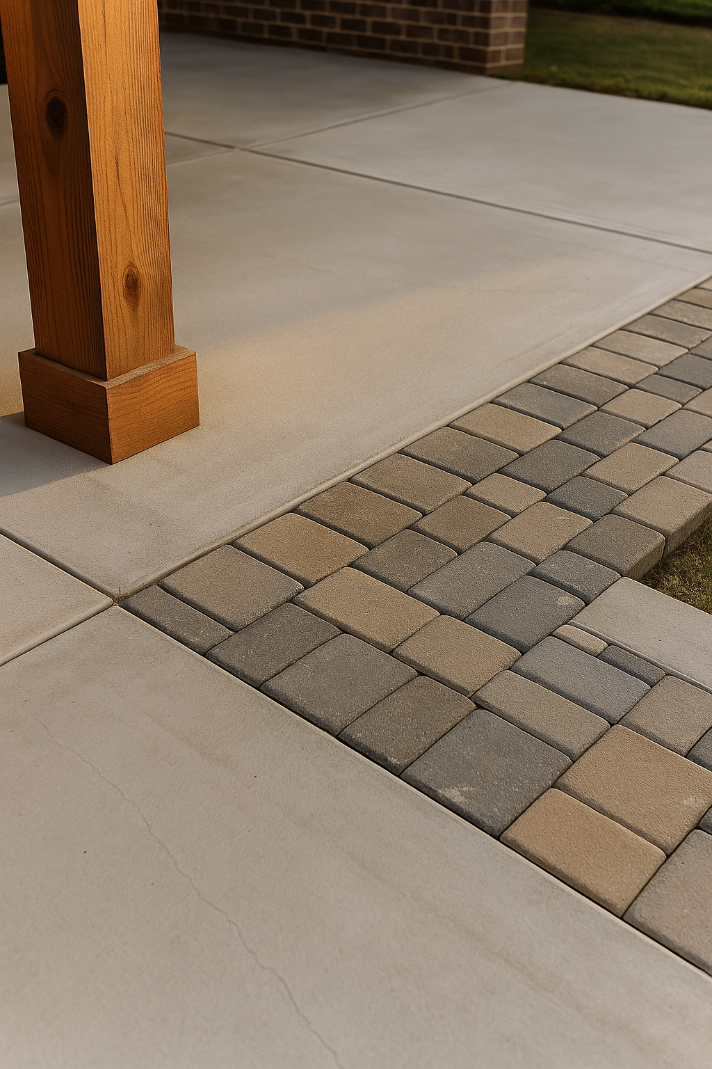 Close-up view of patio pavers and concrete surface near a wooden support post.