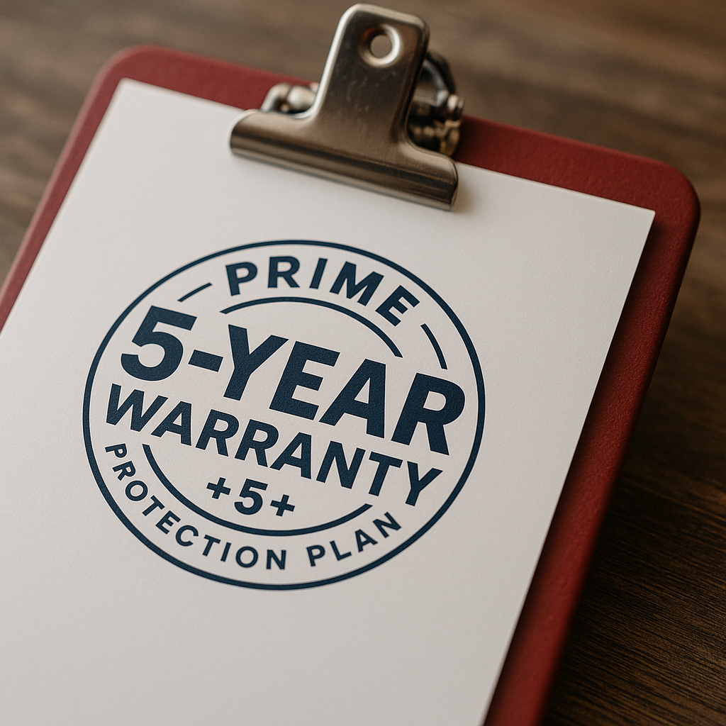 Prime Property Builders 5-Year Workmanship Warranty and Protection Plan clipboard representing long-term roof installation coverage and quality assurance.