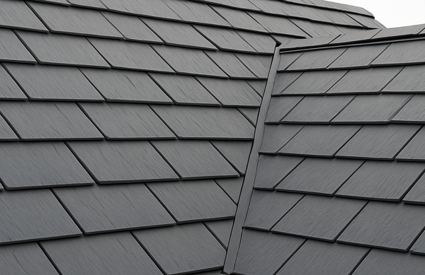 Close-up view of synthetic roofing shingles designed to resemble traditional roofing materials.