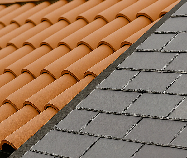 Close-up view of tile and slate roofing materials on a residential roof.